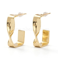 Brass Half Hoop Earrings, with Steel Pin and Plastic Ear Nuts, Long-Lasting Plated, Twist Rectangle, Real 18K Gold Plated, 24.5x17x6mm, Pin: 0.8mm(EJEW-A056-20G)