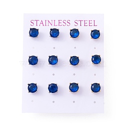 6 Pairs Cubic Zirconia Flat Round Stud Earrings, 304 Stainless Steel Jewelry for Women, Mixed Color, Medium Blue, 7mm, Pin: 0.7mm(EJEW-G291-04C-M)