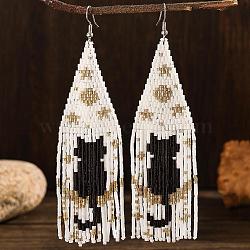 Bohemian Style Tassel Dangle Earrings, with Cat Back and Glass Beads, Platinum, White, 116x30mm(MG5971)