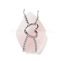 Natural Rose Quartz Pendants, with Stainless Steel Color Plated 304 Stainless Steel Heart Findings, Faceted, Polygon, 33x22.5x13mm, Hole: 3.7mm(G-C243-01P)