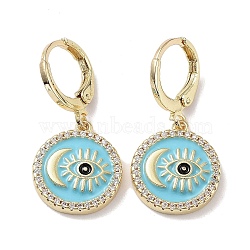 Real 18K Gold Plated Brass Dangle Leverback Earrings, with Enamel and Cubic Zirconia, Evil Eye & Moon, Deep Sky Blue, 29x14mm(EJEW-L269-002G-04)