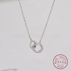 925 Sterling Silver Micro Pave Cubic Zirconia Pendant Necklaces, Interlocking Double Rings, with S925 Stamp, Silver, 15.75 inch(40cm)(LW6618-2)