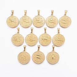 304 Stainless Steel Pendant Sets, Flat Round with Twelve Constellation/Zodiac Sign, Real 18K Gold Plated, 29x25x3.2mm, Hole: 9x4.5mm, 12pcs/set(STAS-H372-01)
