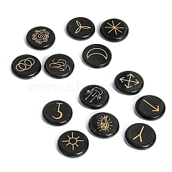 13Pcs 13 Styles Flat Round Natural Obsidian Rune Stones, Healing Stones for Chakras Balancing, Crystal Therapy, Meditation, Reiki, Divination Stone, 25x6mm(PW-WG15937-06)