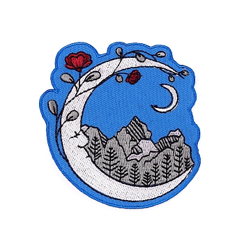 Computerized Embroidery Cloth Iron on Patches, Stick On Patch, Costume Accessories, Appliques, Moon, Mountain, 74x73mm