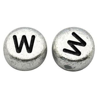 Silver Color Plated Acrylic Horizontal Hole Letter Beads, Flat Round, Letter.W, 7x3.5mm, Hole: 1mm, about 3600pcs/500g