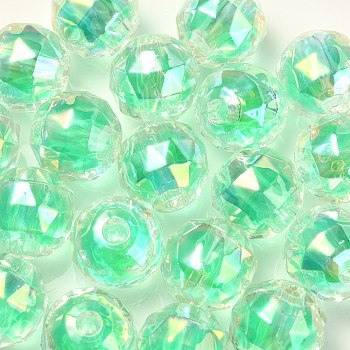 Two Tone UV Plating Rainbow Iridescent Acrylic Beads, Faceted, Round, Sea Green, 15x15.5mm, Hole: 3.8mm