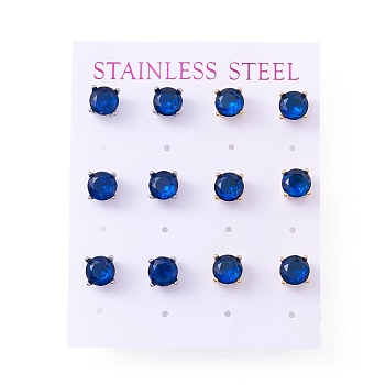 6 Pairs Cubic Zirconia Flat Round Stud Earrings, 304 Stainless Steel Jewelry for Women, Mixed Color, Medium Blue, 7mm, Pin: 0.7mm