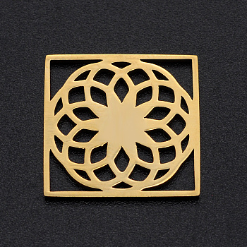 201 Stainless Steel Filigree Joiners Links, Laser Cut, Square with Flower of Life, Golden, 18x18x1mm