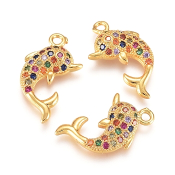 Brass Micro Pave Cubic Zirconia Pendants, Dolphin, Colorful, Golden, 16x9x3mm, Hole: 1mm