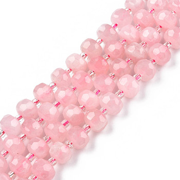 Natural Rose Quartz Beads Strands, with Seed Beads, Faceted, Rondelle, 8x6mm, Hole: 1mm, about 20~22pcs/strand, 7.09 inch(18cm)