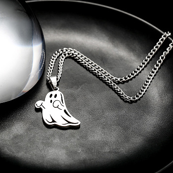 Stainless Steel Cartoon Ghost Necklaces for Men and Women, Halloween Gift, Stainless Steel Color, 23.62 inch(60cm)