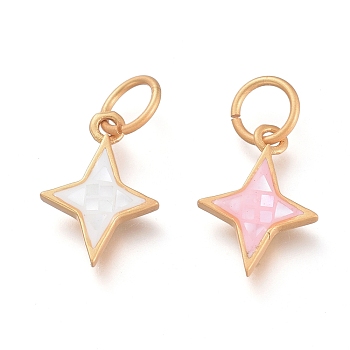 Natural Shell Charms, with Brass Findings and Jump Rings, Star, Matte Style, Matte Gold Color, Mixed Color, 14x10x2.2mm, Hole: 4.5mm