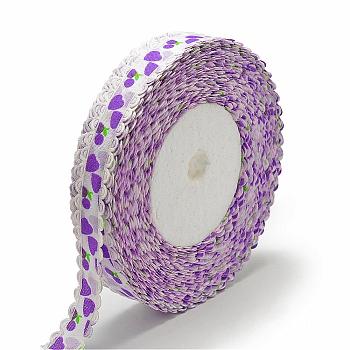 Single Face Printed Polyester Satin Ribbon, Cherry & Heart Pattern, Blue Violet, 5/8 inch(16mm), about 50yards/roll