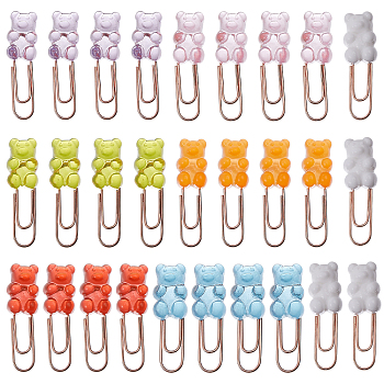 28Pcs 7 Colors Plastic Bear Paper Clips, Iron Bookmarks, Mixed Color, 37x11x7mm, 4pcs/color