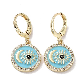 Real 18K Gold Plated Brass Dangle Leverback Earrings, with Enamel and Cubic Zirconia, Evil Eye & Moon, Deep Sky Blue, 29x14mm