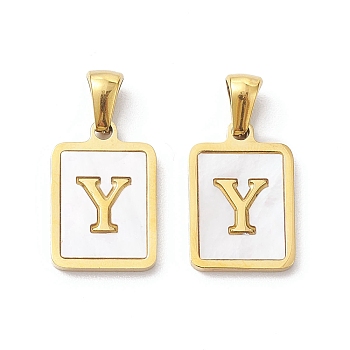 Ion Plating(IP) 304 Stainless Steel Pave Shell Pendants, Rectangle Charm, Real 18K Gold Plated, Letter Y, 17.5x12x1.5mm, Hole: 3x5mm