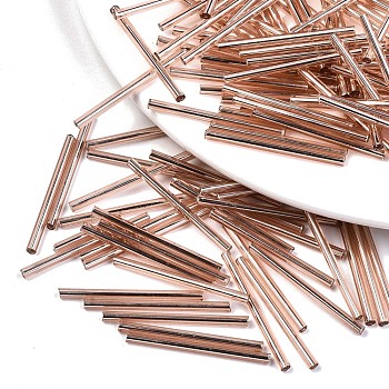 Electroplate Glass Bugle Beads, Round Hole, Metallic Colours, Rose Gold Plated, 30x2.5mm, Hole: 1mm, about 1500pcs/bag