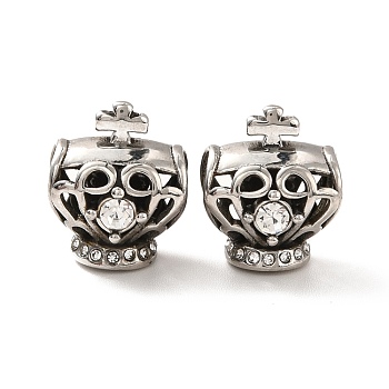 316 Stainless Steel European Beads, Large Hole Beads, with Rhinestone, Skull, Antique Silver, 15x12.5x10mm, Hole: 7x5.5mm