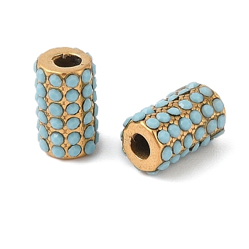 Ion Plating(IP) 304 Stainless Steel Beads, with Rhinestone, Column, Golden, Turquoise, 11x7mm, Hole: 3mm