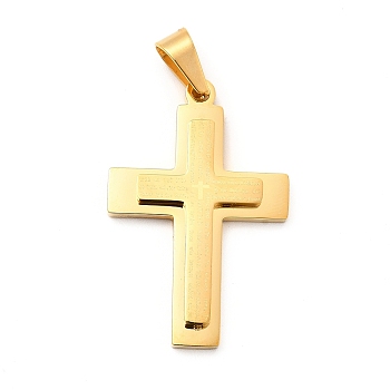Vacuum Plating 304 Stainless Steel Pendants, Cross with Word Charms, Golden, 39x26x4.5mm, Hole: 9.5x5.5mm