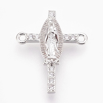 Brass Micro Pave Cubic Zirconia Links, Lead Free & Cadmium Free & Nickel Free, Long-Lasting Plated, Cross with Virgin Mary, Clear, Platinum, 17x15x3mm, Hole: 1mm