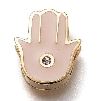 304 Stainless Steel Slide Charms, Enamel Style, with Crystal Rhinestone, Hamsa Hand/Hand of Fatima/Hand of Miriam, Bisque, Golden, 12x10x3.5mm, Hole: 7.5x1.5mm