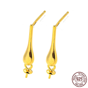 Teardrop 925 Sterling Silver Stud Earring Findings, for Half Drilled Beads, with S925 Stamp, Real 18K Gold Plated, 18x3.5mm, Pin: 10x0.7mm and 0.7mm