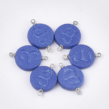 Handmade Porcelain Links connectors, Frosted, with Brass Findings, Flat Round with Constellation, Platinum, Blue, Aries, 22x15~15.5x3mm, Hole: 1.5mm