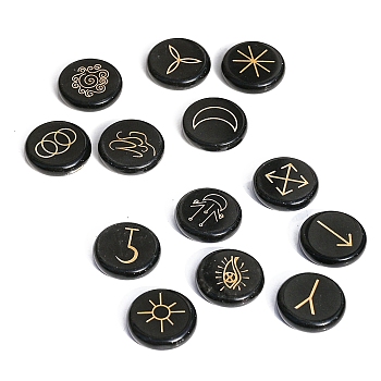 13Pcs 13 Styles Flat Round Natural Obsidian Rune Stones, Healing Stones for Chakras Balancing, Crystal Therapy, Meditation, Reiki, Divination Stone, 25x6mm