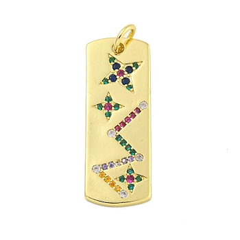 Real 18K Gold Plated Brass Micro Pave Cubic Zirconia Pendants, Rectangle with Star, Colorful, 32x11.5x1.5mm, Hole: 4mm