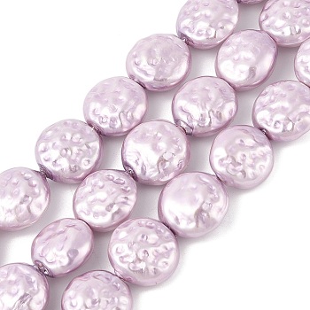 Electroplated Shell Pearl Beads Strands, Flat Round, Purple, 14.5~16x7.5~8mm, Hole: 1.2mm, about 27pcs/strand, 15.87''~15.94''(40.3~40.5cm)