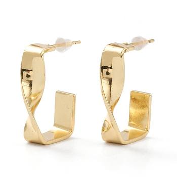 Brass Half Hoop Earrings, with Steel Pin and Plastic Ear Nuts, Long-Lasting Plated, Twist Rectangle, Real 18K Gold Plated, 24.5x17x6mm, Pin: 0.8mm