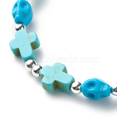 bracelet extensible en perles de turquoise synthétique (teint) avec croix et tête de mort(BJEW-JB08451-04)-5