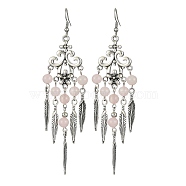 Natural Rose Quartz Beaded Chandelier Earrings, Alloy Feather Tassel Earrings with 304 Stainless Steel Pins, 102x30mm(EJEW-JE05371-01)