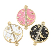 Rack Plating Brass Clear Cubic Zirconia Connector Charms, Enamel Flat Round with Moon Links, Real 18K Gold Plated, Long-Lasting Plated, Cadmium Free & Lead Free, Mixed Color, 28x20x3mm, Hole: 1.8mm(KK-A234-024G)