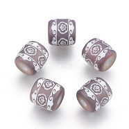 Electroplate Glass Beads, Frosted, Barrel with Flower Pattern, Gunmetal Plated, 12x11.5mm, Hole: 3mm, 100pcs/bag(EGLA-T009-04B)