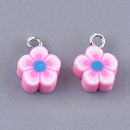 Handmade Polymer Clay Charms, with Iron Findings, Flower, Platinum, Pearl Pink, 13.5x9.5~10x4~4.5mm, Hole: 1.8mm(X-CLAY-S091-103)
