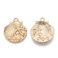 Barrel Plating Alloy Pendants, with ABS Plastic Imitation Pearl, Cadmium Free & Nickel Free & Lead Free, Scallop Shape with Starfish, Light Gold, 27.5x24x4mm, Hole: 2.3mm(PALLOY-T083-04)