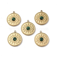 Vacuum Plating 201 Stainless Steel Synthetic Malachite Pendants, Real 18K Gold Plated, Flat Round with Eye Charms, 18.5x16x4mm, Hole: 1.6mm(STAS-C064-VC823)