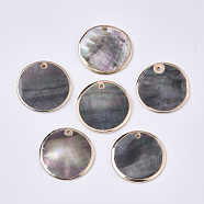 Natural Black Lip Shell Pendants, with Brass Findings, Edge Golden Plated, Flat Round, Gray, 25x1.5~2.5mm, Hole: 1.5mm(SSHEL-T012-02)