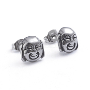 Retro 304 Stainless Steel Stud Earrings, with Ear Nuts, Buddha Head, Antique Silver, 9x9mm, Pin: 0.7mm(EJEW-L248-010AS)