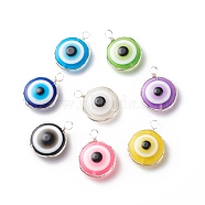 Transparent Evil Eye Resin Pendants, with Copper Wire Wrapped, Mixed Color, Flat Round Charm, Silver, 28.5~29x21.5~22.5x9mm, Hole: 4~4.5mm(PALLOY-JF01845-02)
