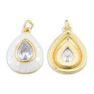 Brass Pave Clear Cubic Zirconia Pendants, with Jump Rings and Shell, Enamel, Real 18K Gold Plated, Nickel Free, Teardrop, White, 19x13.5x4.5mm, Jump Ring: 5x1mm, 3mm inner diameter(KK-N227-94D)