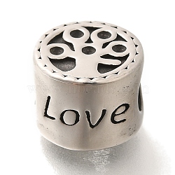 304 Stainless Steel European Beads, Large Hole Beads, Column with Tree of Life & Word Love & Family Pattern, Antique Silver, 11.5x9mm, Hole: 4.5mm(STAS-G350-11AS)