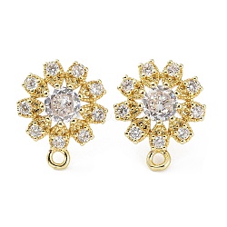 Hollow Flower Brass Micro Pave Cubic Zirconia Stud Earrings Finding, with Horizontal Loops, Cadmium Free & Lead Free, Real 18K Gold Plated, 18.5x15mm, Hole: 1.8mm, Pin: 0.8mm(KK-E083-07G)