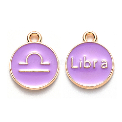 Alloy Enamel Pendants, Cadmium Free & Lead Free, Flat Round with Constellation, Light Gold, Medium Purple, Libra, 15x12x2mm, Hole: 1.5mm(X-ENAM-S124-01B-01K)