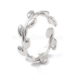 Brass Open Cuff Rings for Women, Leaf, Platinum, Inner Diameter: 19mm(RJEW-A028-03P)