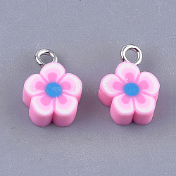 Handmade Polymer Clay Charms, with Iron Findings, Flower, Platinum, Pearl Pink, 13.5x9.5~10x4~4.5mm, Hole: 1.8mm(X-CLAY-S091-103)