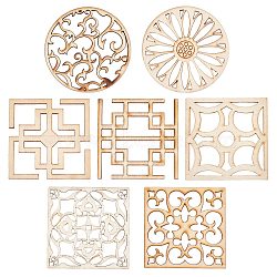 14Pcs 7 Style Laser Cut Wooden Wall Sculpture, Hollow out Wood Art, Home Decorations, Square & Flat Round, Antique White, 62~62.5x62~62.5x2.5mm, 2pcs/style(WOOD-GF0001-76)